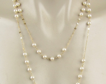 Delicate Long Gold and Pearl Necklace 44'' long with 6mm Pearls, Long Pearl and Gold necklace, Ivory Pearls and Gold Necklace, Long Pearls