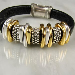 Black  leather bracelet with lots of Mixed Metal texture and a magnetic clasp, your choice of leather color, the perfect gift for her