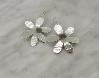 Large Hammered Sterling Silver Earrings, Flower Earrings,  Easy to wear Earrings, Statement Earrings for her, Gift idea