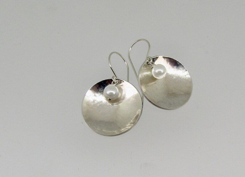 concave disc earrings with pearls on Sterling ear wires Gift Earrings Pearl Drop earrings Hammered Earrings Dish Shaped Silver Earrings