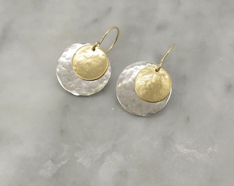 Small Mixed Metal Earrings, Hammered  Gold and Silver Disc earrings. Lightweight easy to wear, a great gift,