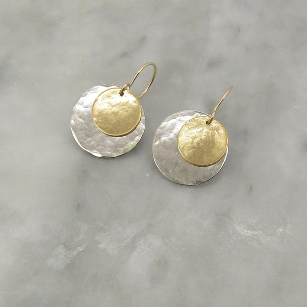 Small Mixed Metal Earrings, Hammered  Gold and Silver Disc earrings. Lightweight easy to wear, a great gift,