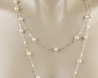 Long Sterling Silver Pearl Necklace: Delicate Swarovski pearls, 45" Long