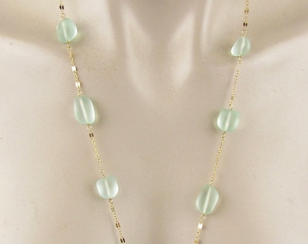 Aqua Sea Glass and  Gold Necklace 45 inches long, wear it long or double it, with a 14k gf magnetic clasp, Gift for Mom