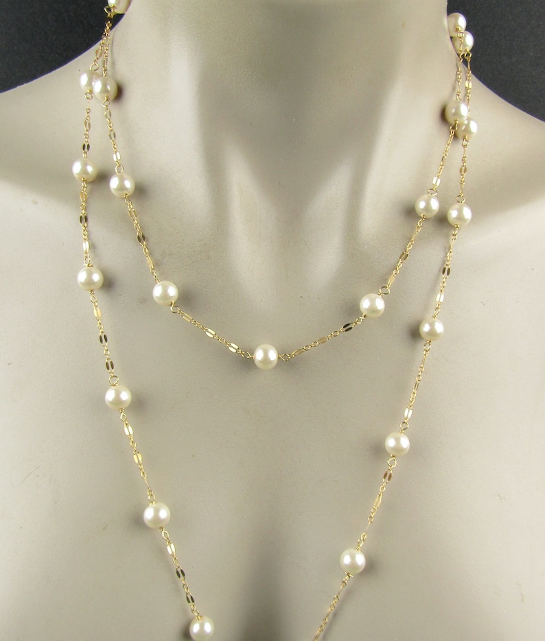 Long Swarovski Pearl Necklace: 14k Gold Fill Chain and magnetic clasp, 45inches Long image 1