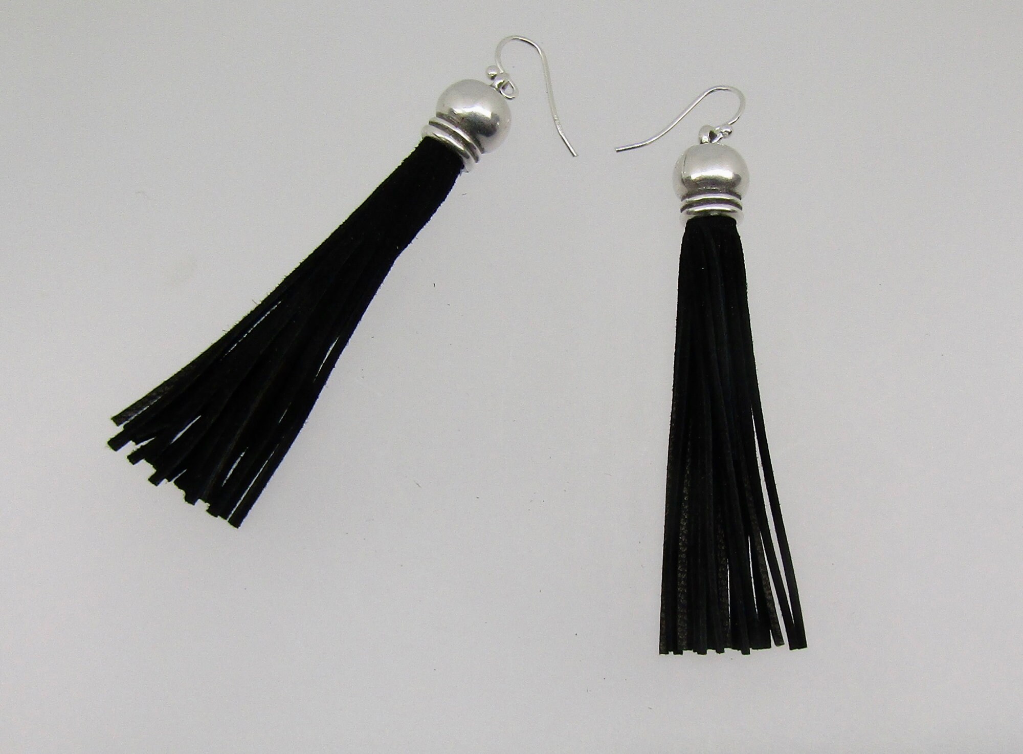 Long Silver and suede Leather Tassel Earrings Black tassel Etsy