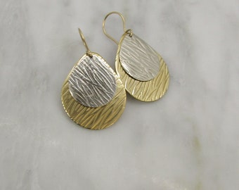 Mixed Metal Earrings, Textured  Gold and Silver Drop earrings. Teardrop Earrings, Lightweight easy to wear, a great gift for Her