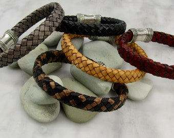 Woven Leather Bracelet with Magnetic Clasp, Unisex Braided Jewelry