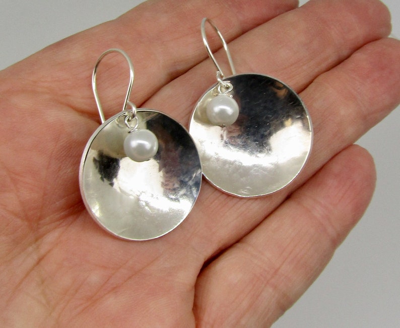 concave disc earrings with pearls on Sterling ear wires Gift Earrings Pearl Drop earrings Hammered Earrings Dish Shaped Silver Earrings