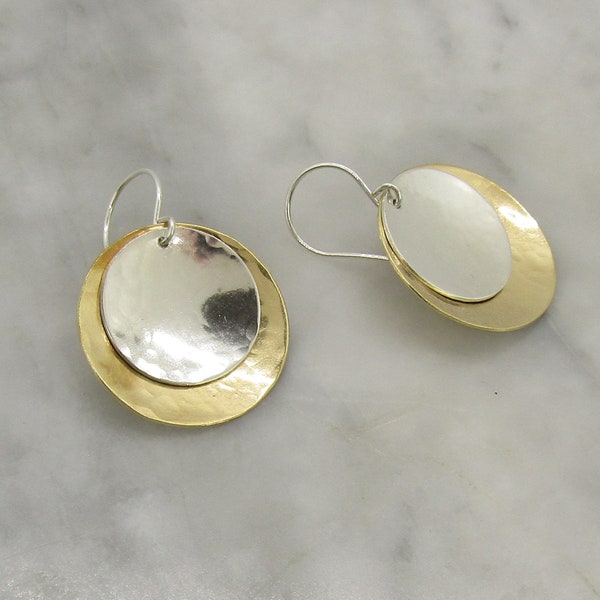 Mixed Metal earrings, Hammered and Domed 14k Gold Filled  and Sterling Silver Drop earrings, Mixed Metal Drop Earrings, Great Gift