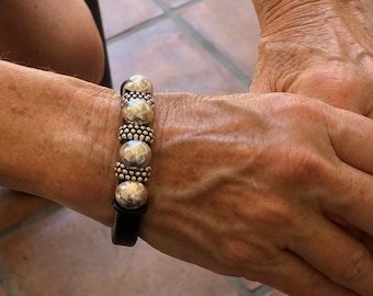 Leather Bracelet with Silver Beads and Magnetic Clasp - Custom Made
