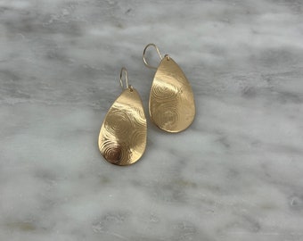 Large Textured Brass Teardrop Earrings: 14k Gold Fill Wires
