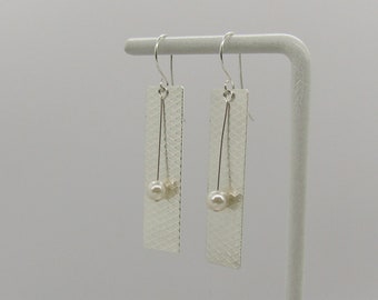 Sterling Silver  Drop Pearl Earrings, Textured Sterling Silver Earrings, the perfect gift, long Sterling Silver Earrings