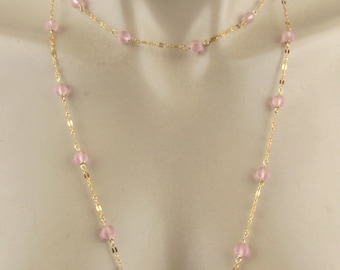 Long Pink Sea glass and gold necklace, 6 mm soft pink sea glass beads linked in 14 karat gold chain 44 inches Long, a wonderful gift