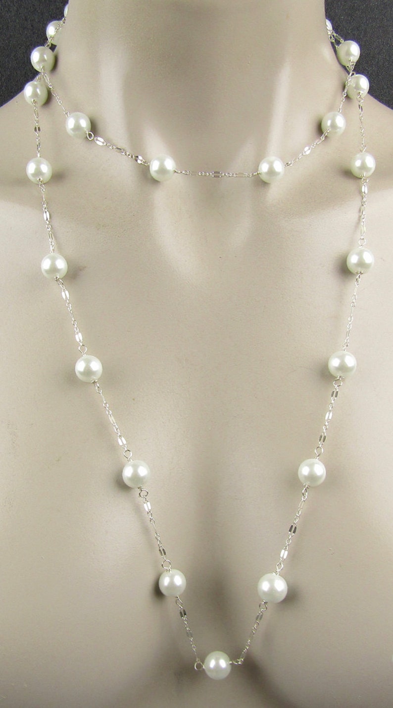 Long Sterling Silver and Pearl Necklace, the Necklace is 45 Inches Long