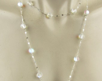 Iridescent Frosted Crystal Sterling Silver Necklace - 44 Inch Adjustable Beaded Chain