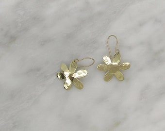 Hammered Flower Earrings,   lightweight Earrings,  Easy to wear Flower Earrings in Brass with 14k gold filled ear wires, a great gift