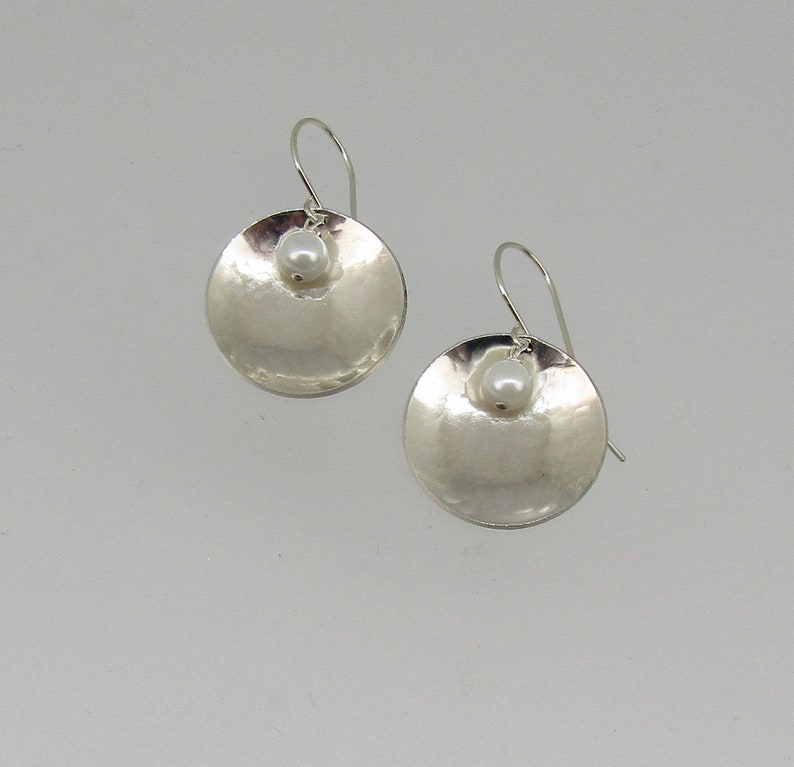 concave disc earrings with pearls on Sterling ear wires Gift Earrings Pearl Drop earrings Hammered Earrings Dish Shaped Silver Earrings