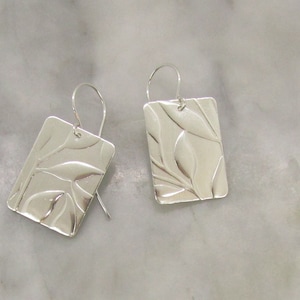 Sterling Silver Rectangular earrings botanical leaf design with sterling silver ear wires, this is a great gift for her