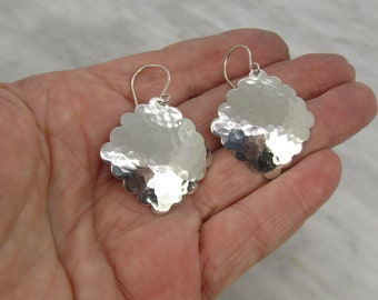 Hammered sterling silver scalloped edge squares, Statement earrings,  the perfect gift, sterling silver drop earrings