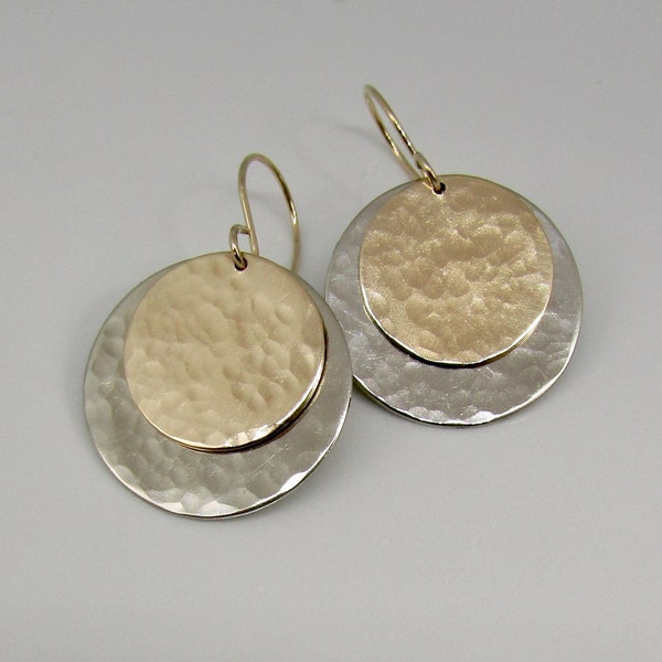 Mixed Metal Earrings, Hammered  Gold and Silver Disc earrings. Lightweight easy to wear, a great gift