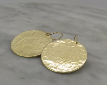 Hammered brass statement earrings, 1 1/4 inch in diameter, big earrings, 14 karat gold fill ear wires, The perfect  gift