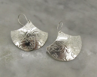 Sterling Silver Earrings,  lightweight Sterling Silver earrings, a great gift,  Fan Shaped Drop Earrings, Textured Earrings