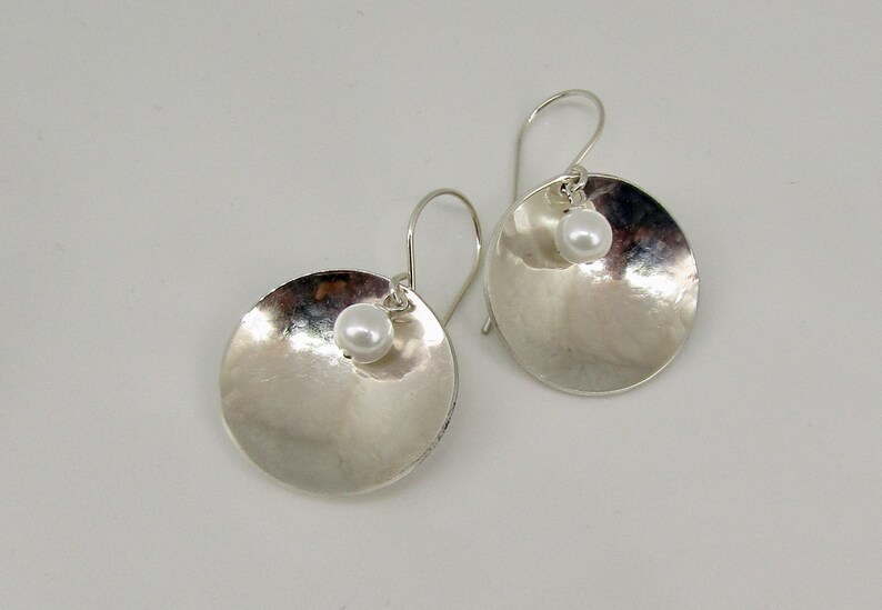 concave disc earrings with pearls on Sterling ear wires Gift Earrings Pearl Drop earrings Hammered Earrings Dish Shaped Silver Earrings