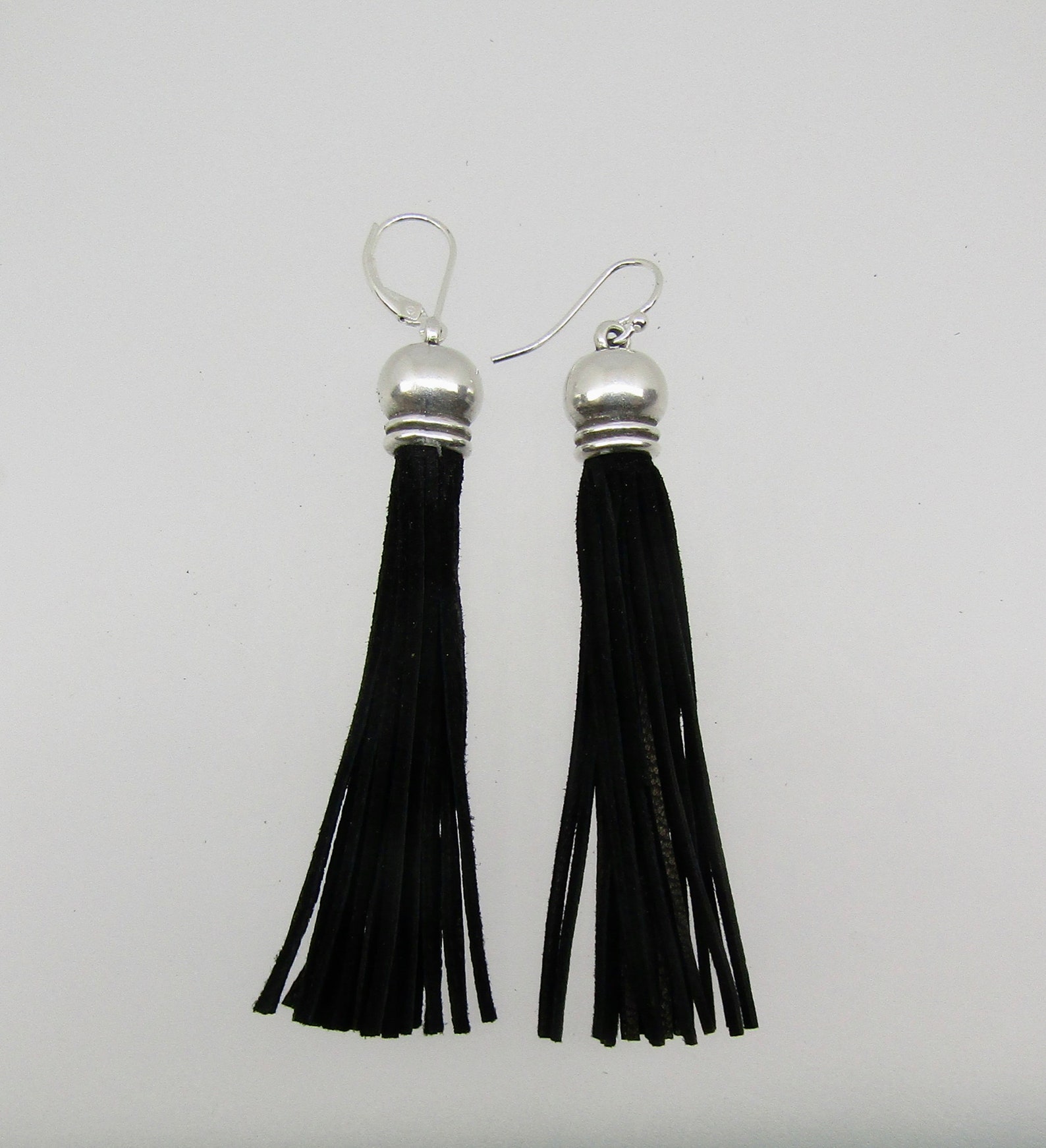 Long Silver and suede Leather Tassel Earrings Black tassel Etsy
