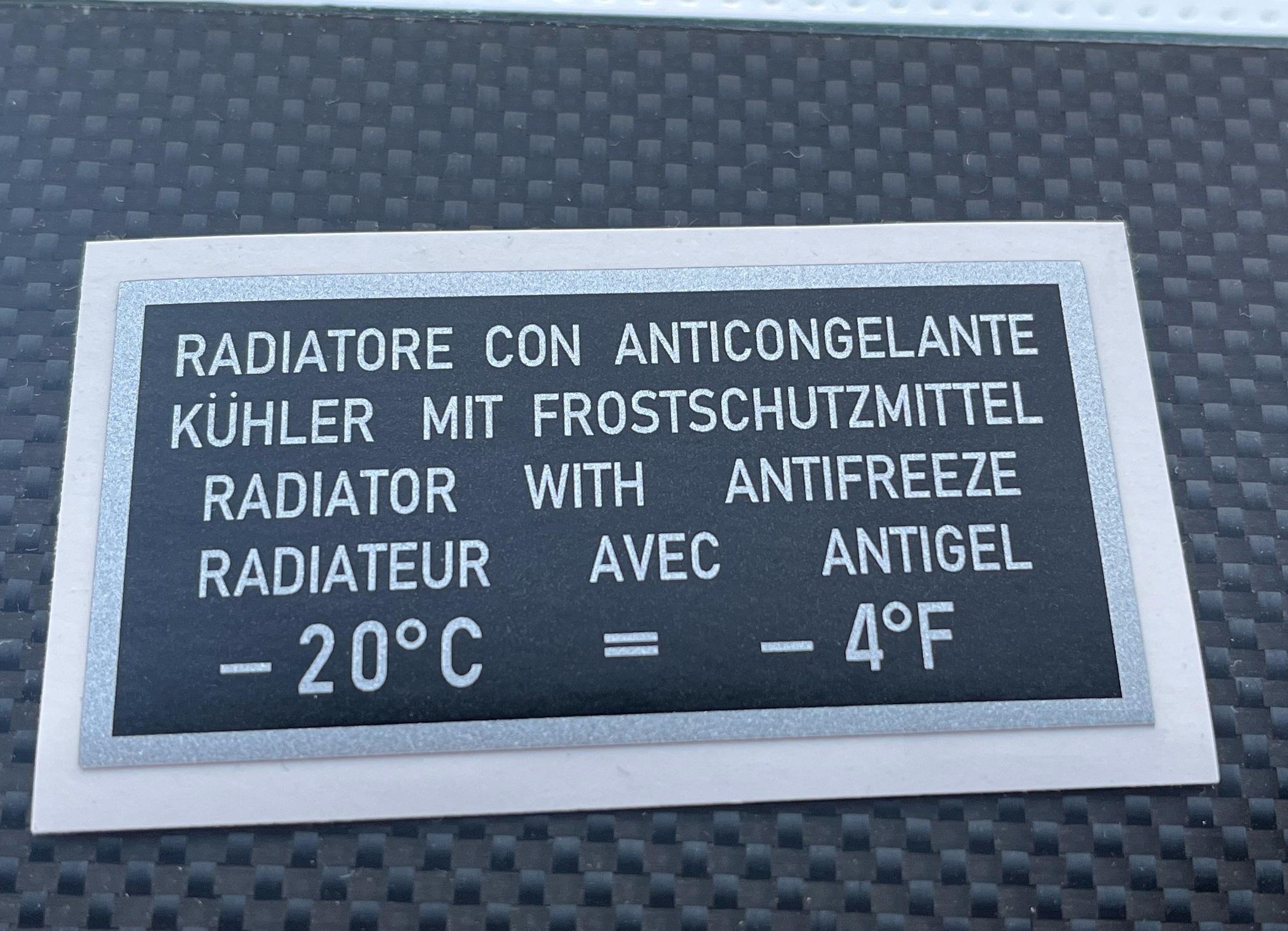 Engine Coolant Sticker for Most Older Ferrari Models Radiator ...