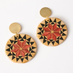Monreale earrings, in rose gold and hand-painted ceramics, Sicilian tradition, handmade jewelry. Yellow gold pendant round earrings