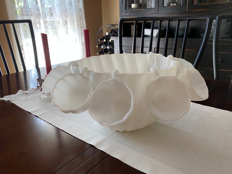 Vintage Hazel Atlas Alpine White Punch Set, Milk Glass Punch Bowl 7 Milk Glass Punch Cups BEAUTIFUL image 1