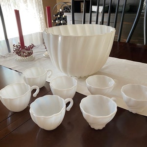 Vintage Hazel Atlas Alpine White Punch Set, Milk Glass Punch Bowl 7 Milk Glass Punch Cups BEAUTIFUL image 3