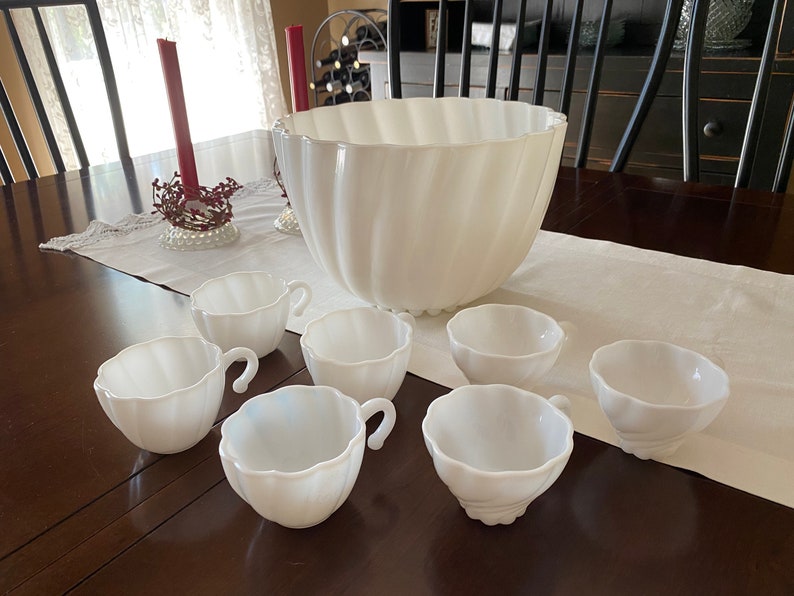 Vintage Hazel Atlas Alpine White Punch Set, Milk Glass Punch Bowl 7 Milk Glass Punch Cups BEAUTIFUL image 3