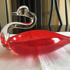Mid-Century Red Art Glass Swan Dish, Red Glass Swan Candy Dish