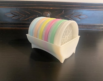 Vintage Tupperware Coaster Set in Caddy, Tupperware 567 Wagon Wheel Coasters w/Caddy, 6 Tupperware Coasters