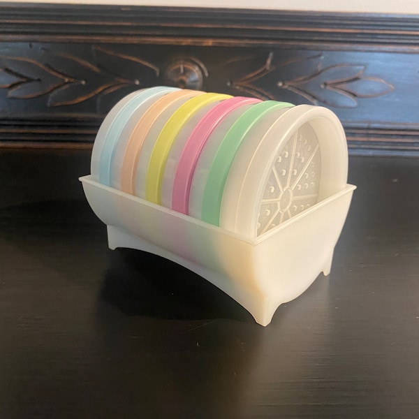 Vintage Tupperware Coaster Set in Caddy, Tupperware 567 Wagon Wheel Coasters w/Caddy, 6 Tupperware Coasters