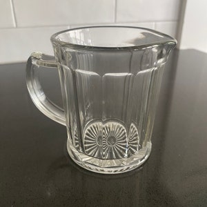 Vintage Hazel Atlas Clear Paneled Glass Small Milk / Creamer Pitcher - Starburst Pattern Bottom w/&quot;D&quot; Handle