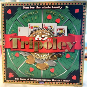 65周年記念 TRIPOLEY - ミシガンラミー、ハート、ポーカーゲーム（回転式ターンテーブルトレイ付き、1997年）Cadaco製