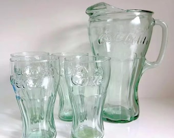 Coca-Cola Green Glass von Libbey: 6 große Becher, großer Krug, rundes geprägtes Tablett - EINZELVERKAUFT - Siehe alle Fotos