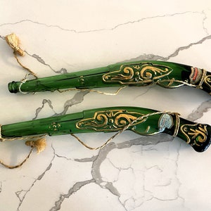 Italian Barsottini Vino Rosso Green Glass Dueling Pistol (Rifle) Wine Decanters - Pair of 2