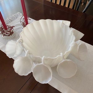 Vintage Hazel Atlas Alpine White Punch Set, Milk Glass Punch Bowl 7 Milk Glass Punch Cups BEAUTIFUL image 2