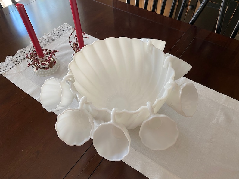 Vintage Hazel Atlas Alpine White Punch Set, Milk Glass Punch Bowl 7 Milk Glass Punch Cups BEAUTIFUL image 2