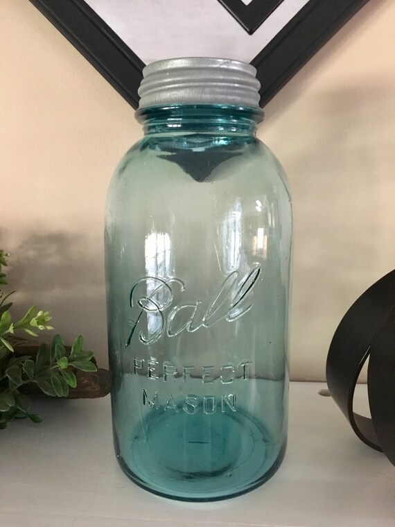 Ball 'perfect Mason' Aqua Glass 2quart Jar With Ball Etsy