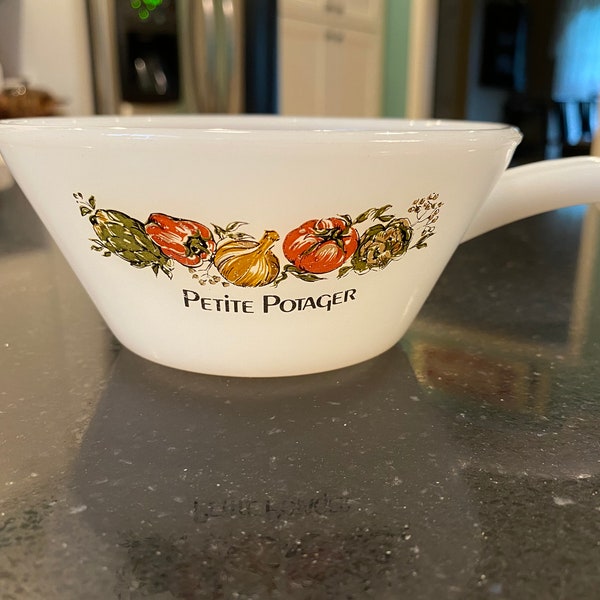 Fire King Milk Glass 'Petite Potager' Handled Chili or Soup Bowl