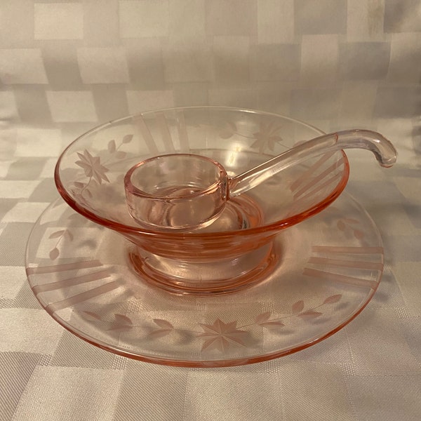 Vintage Elegant Pink  Glass 3 Piece Mayonnaise Set (Bowl, Underplate & Ladle)