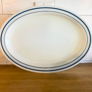 Vintage Pyrex 12&quot; Oval Milk Glass Platter with Turquoise Bands, Pyrex #799