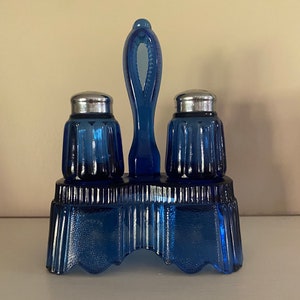 Vintage Imperial Glass Cobalt Blue Salt & Pepper Shakers with Glass Stand
