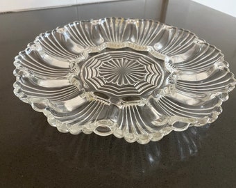 Vintage Anchor Hocking Crystal Clear Ribbed Glass Deviled Egg Server, Deviled Egg Plate
