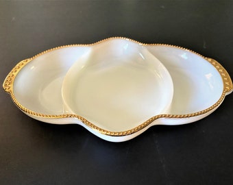 Vintage 1950's Fire King Milk Glass Divided Relish Dish w/Gold Trim - BEAUTIFUL Condition!